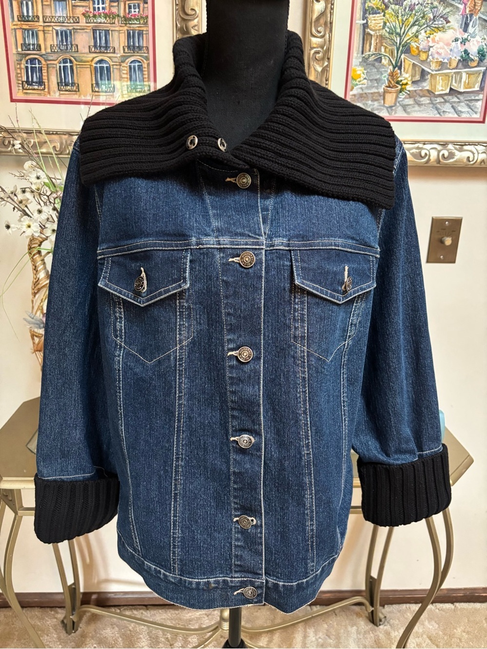 Gloria Vanderbilt Dark Blue Denim Jacket / Coat Black Knit Collar & Cuffs